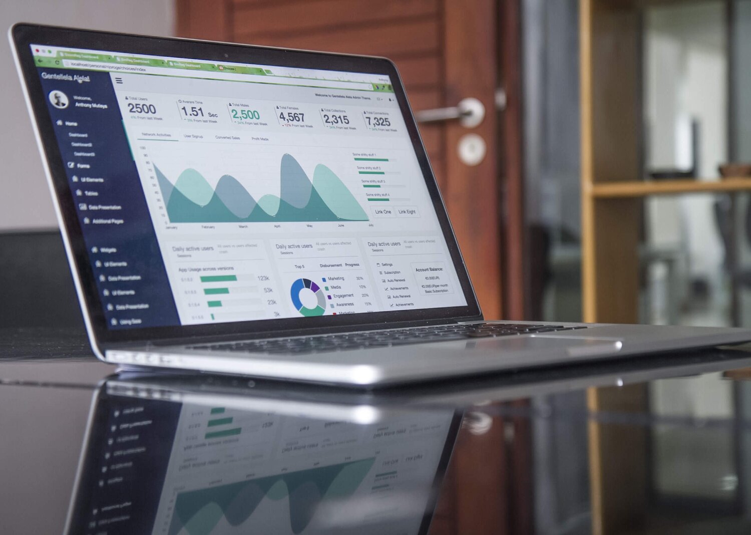 laptop with charts and numbers on the screen