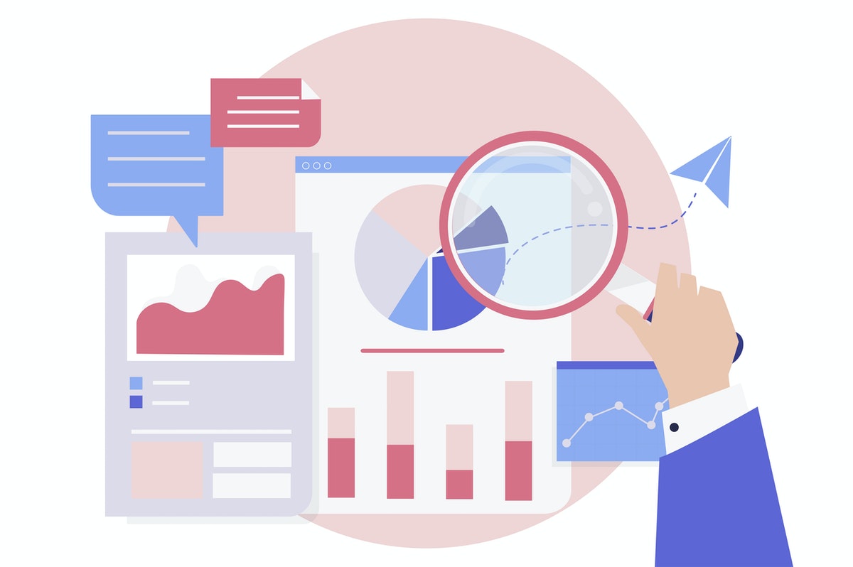 research graphic with magnifying glass and graphs