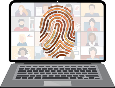 laptop illustration with diverse people on the screen and a fingerprint
